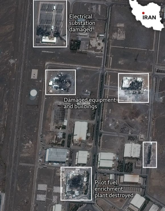 이란의 핵 개발 능력의 핵심과도 같은 나탄즈와 이스파한의 핵시설 피해 모습을 담은 위성사진. 막사 테크놀로지 제공