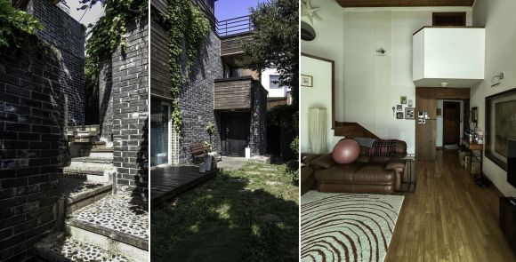 서울 종로구 신영동 경사지에 지은 ‘세이장’은 단순히 담과 건물의 구성을 넘어 하나의 마을이나 도시처럼 여러 개 길로 이루어진 복합체 같다. 여러 번 방향을 튼 진입로(맨 왼쪽)를 따라 마주한 건물(가운데)은 무척 극적인 느낌으로 다가온다. 2층 침실 입구에서 거실 쪽을 향한 작은 공간은 마치 동네 중심 광장을 마주한 발코니에 서 있는 기분이 들도록 조성해 놓았다.  가온건축 제공