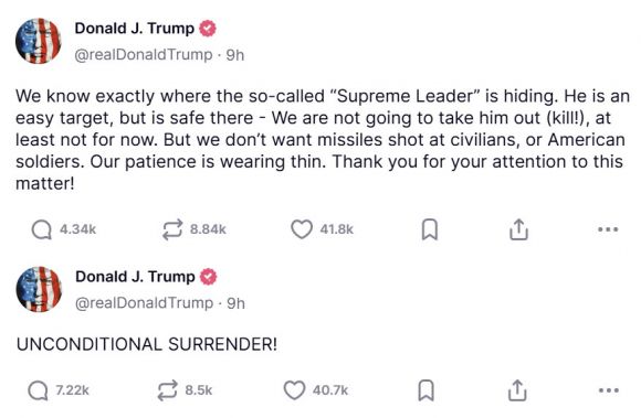 도널드 트럼프 미국 대통령의 소셜미디어 게시글. 출처=트루스소셜