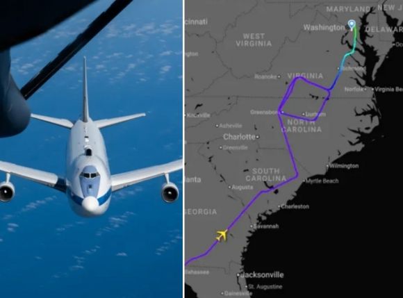 왼쪽은  ‘E-4B 나이트워치’(종말의 날 비행기) 자료사진, 오른쪽은 18일(현지시간) 루이지아내주를 출발해 워싱턴DC 근처의 메릴랜드주로 이동한 경로. 플라이트레이더24 제공