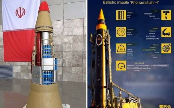 2023년 5월 25(현지시간) 이란이 공개한 호람샤르-4, 즉 케이바르 미사일 발사 장면. 이란은 2000년대 초 북한에서 수입한 화성-10형(무수단 미사일, 나토명 BM-25)을 바탕으로 호람샤르-1을 개발했으며, 이후 호람샤르-2,3 등 개량형을 만든 뒤 독자적 파생형 호람샤르-4를 선보이기에 이르렀다. 호람샤르-4는 최대 80개의 자탄을 탑재한 1500㎏급 모탄을 싣고 2000㎞를 비행할 수 있다. 이란의 파즈르 유도 시스템이 적용돼 정밀 유도 및 재진입체 생존성이 강화된 것이 특징이다. 사진은 (왼쪽)호람샤르-4 탑재 집속탄 탄두와 (오른쪽) 호람샤르-4 제원. 2025.6.19 이란 IRNA 통신 자료