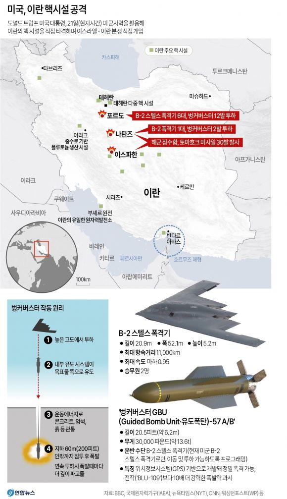 미국의 이란 핵시설 공습 ‘미드나이트 해머’(Midnight Hammer·심야의 망치) 작전 개요. 연합뉴스