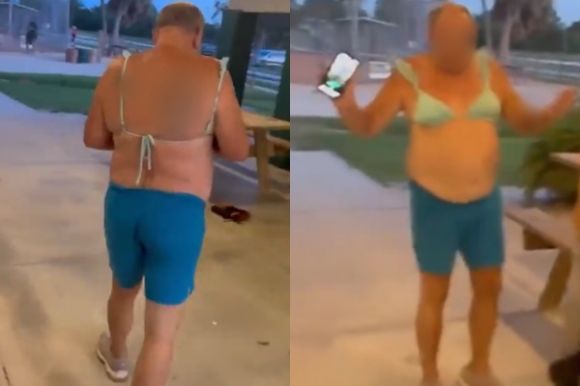 비키니를 입은 한 남성이 트랜스젠더라고 주장하며 어린이 소프트볼 경기장 인근 여성 화장실에 침입 시도를 한 일이 온라인상에 퍼지며 논란이 되고 있다. 엑스(옛 트위터) 캡처