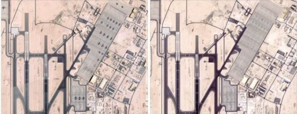 카타르 알우데이드 미 공군기지를 지난 5일(왼쪽)과 19일(오른쪽) 촬영한 위성사진. 5일에는 주기장에 항공기가 있지만 19일엔 없다. 플래닛 랩스 제공