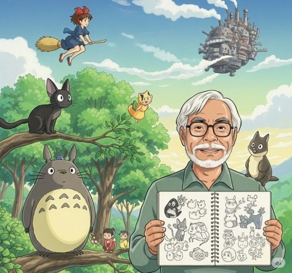 1985년 6월, 미야자키 하야오와 타카하타 이사오, 스즈키 토시오 세 사람은 ‘천공의 섬 라퓨타’를 제작하기 위해 ‘도쿠마 쇼텐’의 투자를 받아 ‘톱 크래프트 스튜디오’를 인수했다. 이것이 지브리 스튜디오의 시작이었다. Google Gemini 생성 이미지