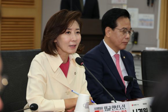 나경원(왼쪽) 국민의힘 원내대표가 26일 국회 의원회관에서 열린 ‘이재명정권 외교·안보 노선, 어디로 가는가’ 긴급토론회에서 발언하고 있다. 뉴시스