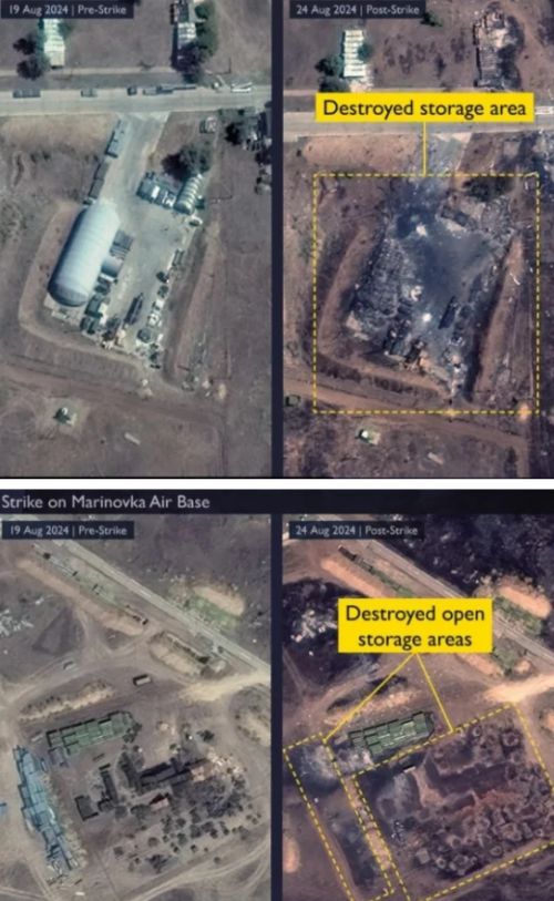 우크라이나군이 2024년 8월 드론을 동원해 마리노프카 공군기지를 공습했다. 이 공습으로 파괴된 마리노프카 공군기지의 드론과 탄약고, 연료 저장고 등의 모습을 담은 위성사진.
