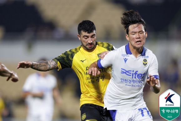 5일 전남 광양축구전용구장에서 열린 K리그2 19라운드에서 알베르띠(왼쪽)와 박승호가 공을 다투고 있다. 한국프로축구연맹 제공