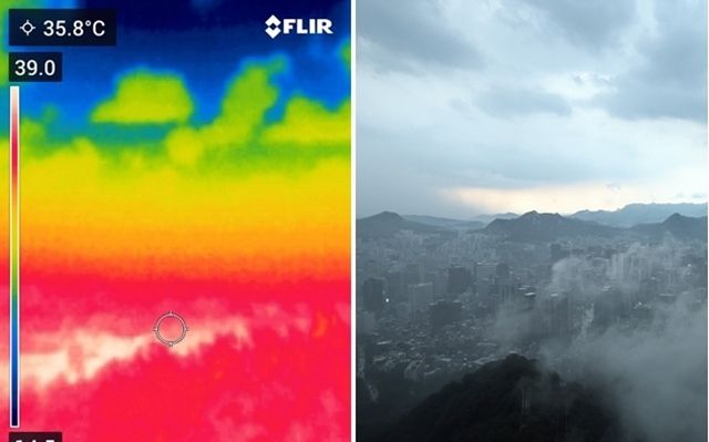 서울의 낮기온이 36도까지 오른 8일 오후 경기 성남시 남한산성에서 열화상 카메라로 촬영한 서울 도심이 붉게 보이고 있다. 열화상 카메라로 촬영한 사진은 온도가 높을수록 붉은색, 낮을수록 푸른색을 나타낸다. 오른쪽은 이날 저녁 남산 서울타워 전망대에서 바라본 서울 도심 하늘. 비구름이 지나고 있다. 2025.7.8 뉴시스/뉴스1