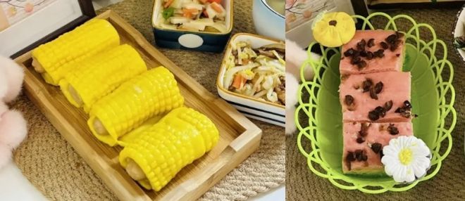 중국 간쑤성 텐수이시의 한 유치원에서 집단 납중독 사건이 발생한 가운데, 수사 결과 유치원 조리실 직원들이 원아들에게 제공한 ‘옥수수 롤 소시지’(왼쪽)과 ‘삼색 대추찜떡’에 식품에 사용할 수 없는 물감을 칠한 것으로 드러났다. 자료 : 소후닷컴