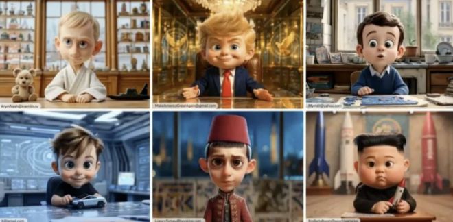 샌드핏 애니메이션에 등장하는 유아 버전의 각국 지도자들. 왼쪽 위부터 시계방향으로 푸틴 대통령, 도널드 트럼프 미국 대통령, 에마뉘엘 마크롱 프랑스 대통령, 북한 김정은 국무위원장, 레제프 타이이프 에르도안 튀르키예 대통령, 일론 머스크 테슬라 최고경영자(CEO). 텔레그램