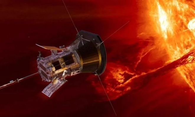 태양을 탐사하는 파커 솔라 프로브의 가상 그래픽 이미지. Applied Physics Lab and NASA Goddard Space Flight Center