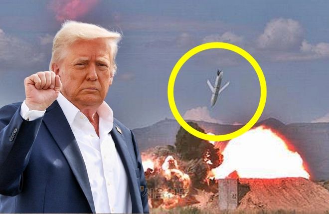 지상 목표물을 공격하는 사거리 1000㎞ 이상의 AGM-158 재즘(JASSM) 미사일과 도널드 트럼프 미국 대통령. 미국 록히드마틴, 로이터 연합뉴스