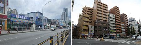 우리나라 동작구 흑석역 등 역세권 인근에는 도심주택이 없다. 반면 일본의 도쿄대 인근에는 도심주택이 많다. 일본의 대도시는 대부분 역세권 건선도로변에 민간의 도심주택(원룸, 투룸 등)을 많이 공급한다. 사진 왼쪽 - 동작구 흑석역세권 (중앙대 인근), 사진 오른쪽 - 도쿄 네즈 역세권(도쿄대 인근)