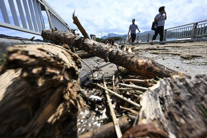 20일 경기 가평 대보교가 토사와 함께 떠밀려온 나무 등으로 아수라장이 돼 있다. 이날 가평 일대에서는 밤사이 내린 폭우로 산사태와 범람 등이 발생해 2명이 사망하는 등 각종 인명 피해가 속출했다. 이날 가평의 누적 강수량은 오전 9시 30분 기준 197.5mm였다. 2025.7.20 이지훈 기자