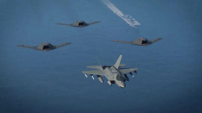 KF-21 보라매 전투기와 이를 보좌하는 전투 드론을 묘사한 이미지. 출처=방위사업청