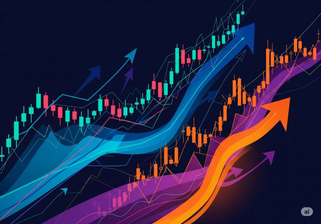 미국 주식시장과 가상화폐 시장의 동시 상승세를 시각화한 인공지능(AI) 생성 이미지.