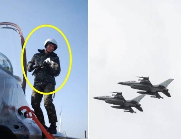 왼쪽은 우크라이나의 F-16 전투기 조종사 막심 우스티멘코. 2025년 6월 29일 러시아 미사일로부터 자국 영공을 수호하던 중 전사했다. 오른쪽은 F-16 자료사진.