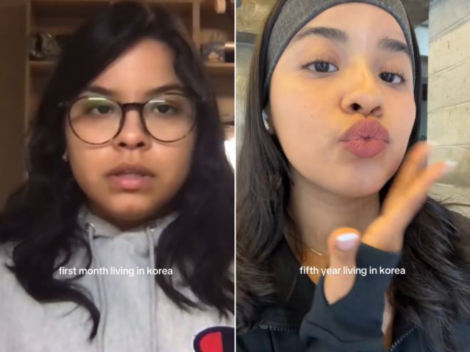 한국에 거주하는 한 외국인 여성이 지난해 6월 자신의 채널에 올린 짧은 영상 속 한국 생활 전후 비교 모습. 이 영상은 조회수 1730만건을 기록했다. 틱톡 채널 ‘valeeedgal’ 캡처
