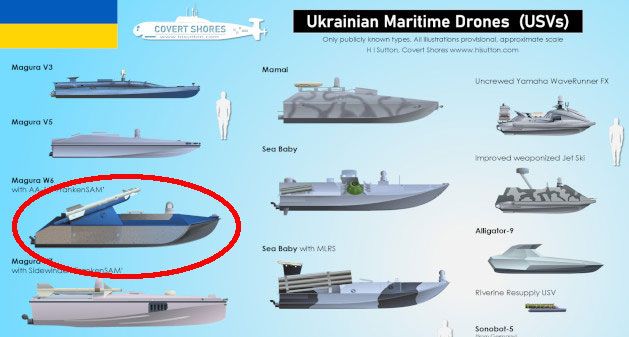 미국 군사분석가 H. I. 서튼이 개인 블로그 ‘코버트 쇼어스’에 공개한 우크라이나 해상 드론 플랫폼 도감. 붉은 원으로 표시된 부분은 정찰 및 복합 임무용으로 개발된 마구라 W6 모델로, 기존 V 시리즈보다 넓은 선체 구조가 특징이다. 출처=코버트 쇼어스