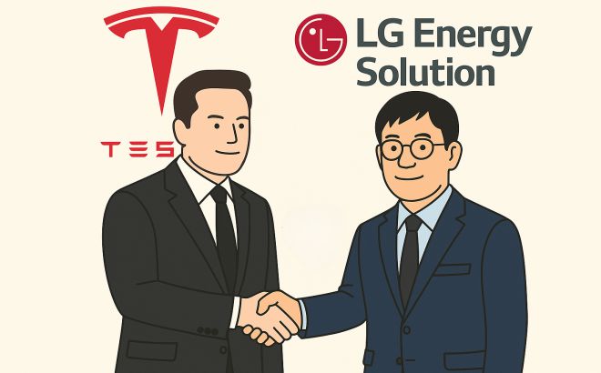 일론 머스크(왼쪽) 테슬라 최고경영자(CEO)와 김동명 LG에너지솔루션 대표이사가 악수하는 그래픽.코파일럿