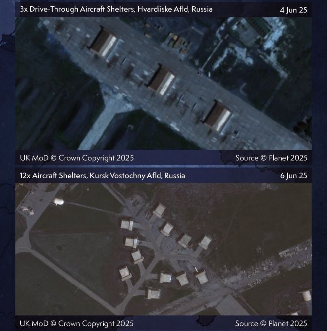러시아가 쿠르스크 보스토치니 기지 등에 건설한 격납고 모습. Planet via UK Ministry of Defense/X
