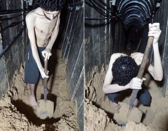 팔레스타인 무장정파 하마스가 공개한 선전 영상 일부. 2023년 10월 7일 이스라엘을 기습 공격한 하마스에 인질로 잡혀간 에비아타르 다비드(24)가 지하 땅굴에서 삽을 들고 있다. 2025.8.3 텔레그램