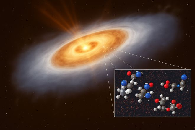 원시 행성계 원반에서 발견된 복잡한 유기물 분자들. Credit: ESO / L. Calçada / T. Müller (MPIA/HdA)