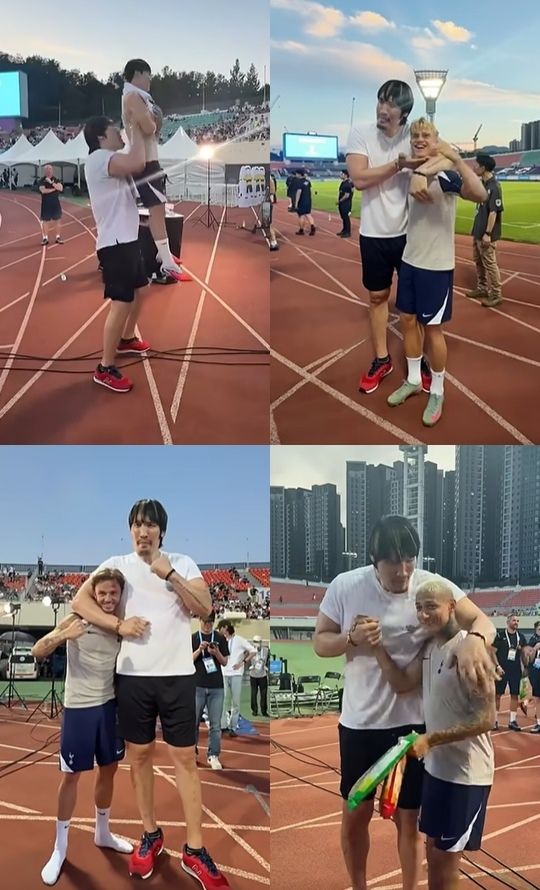 격투기 선수 최홍만(왼쪽)이 2일 경기 안양시 안양종합운동장에서 열린 잉글랜드 프리미어리그(PL) 토트넘 홋스퍼의 공개 훈련 현장을 찾아 양민혁(왼쪽 위부터 시계 방향으로)과 루카스 베리발, 히샬리송, 제임스 매디슨 등 선수들을 만났다. 자료 : 토트넘 홋스퍼 인스타그램