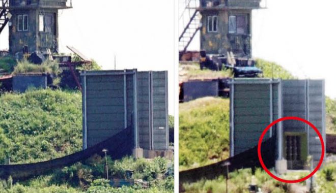 전방지역에 설치된 대북 확성기 전면 철거를 시작한 4일 경기 파주시 접경지역에서 바라본 한국 측 초소 앞에 대북 확성기가 사라진 모습(왼쪽 사진). 대북 확성기 방송이 중단된 지난 6월 12일 이 초소 앞(오른쪽 사진)에는 대북 확성기가 설치돼 있었다. 홍윤기 기자·뉴시스