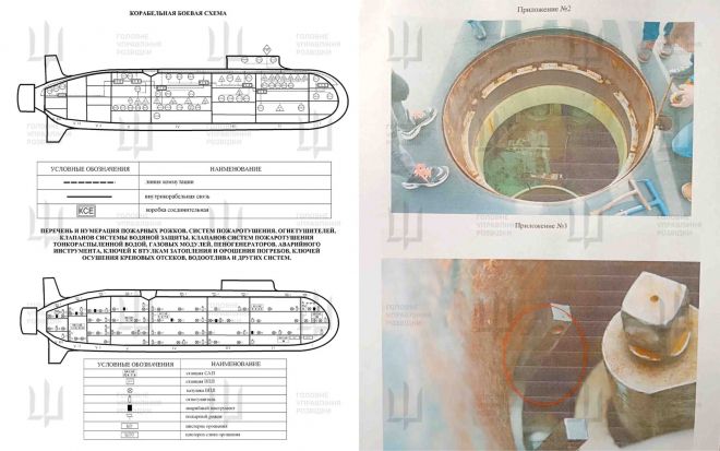 우크라이나 정보당국이 확보한 러시아 전략 핵잠수함 ‘크냐즈 포자르스키’의 내부 배치도와 격실별 통신 회로, 생존 시스템 설계도. 오른쪽은 잠수함 내부 격실 상부 개구부와 손상된 라디오 부이 구조를 촬영한 사진으로 관련 조사 보고서 일부가 함께 공개됐다. 출처=우크라이나 국방정보국(GUR)