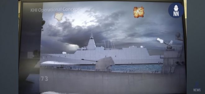 함정에 탑재된 복수의 대공 방어체계가 드론 위협에 대응하는 시나리오 장면. 전방 레이저 유닛 외에도 근접방어무기(CIWS)와 미사일이 함께 작동 중이다. 출처=네이벌 뉴스 유튜브