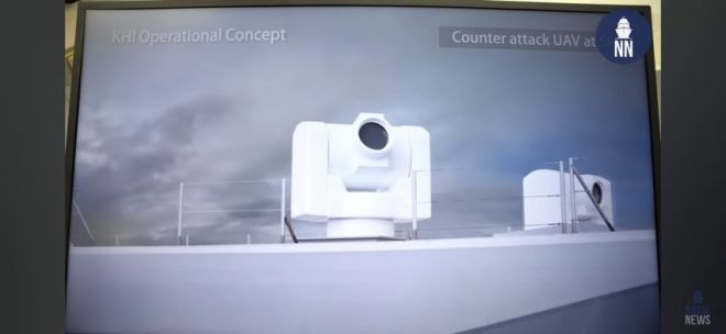 가와사키중공업(KHI)이 제안한 레이저 무기의 운용 개념은 기존 함포 형태를 따르고 있다. 출처=네이벌 뉴스 유튜브