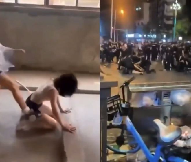 중국에서 14세 소녀가 또래 소녀들에게 집단폭행 당하는 모습이 담긴 영상이 소셜미디어(SNS)에서 확산했다(왼쪽). 오른쪽 사진은 가해자들이 솜방망이 처벌을 받자 이에 분노해 시위에 나선 시민들을 경찰이 제압하는 모습. 엑스(X·옛 트위터) 캡처