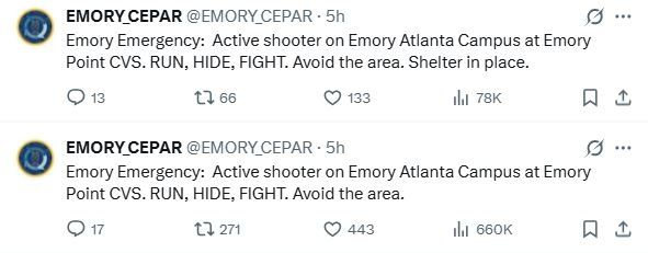 미국 질병통제예방센터(CDC) 본부 인근에서 총격 사건이 발생하자 에모리대학은 ‘RUN. HIDE. FIGHT.’(뛰어라, 숨으라, 싸워라)라는 긴급 경보를 연이어 발령했다. 엑스(X) 캡처
