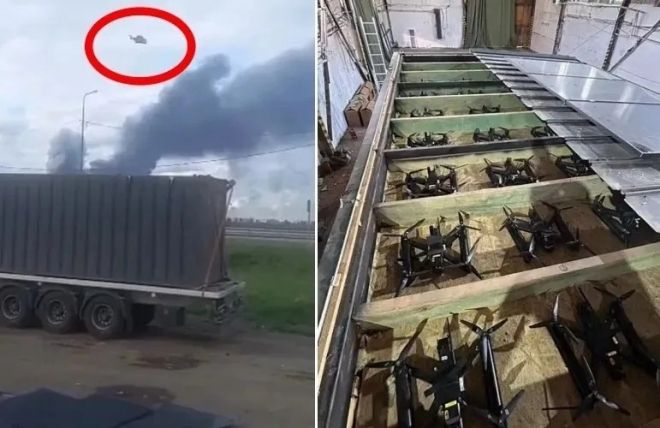 왼쪽은 지난 6월 1일 러시아 본토의 공군기지를 공습하려 트럭 지붕 위에서 날아오르는 우크라이나 드론 모습, 오른쪽은 트럭 내 상자 안에 위장한 우크라이나 드론 모습