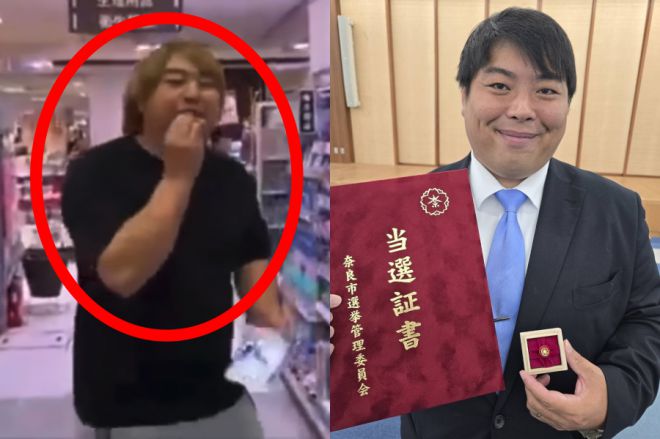 일본에서 ‘민폐 콘텐츠’를 유튜브 채널에 올리던 헤즈마류가 20일 일본 나라현 나라시의 시의원에 당선됐다. 그는 과거 마트에서 계산 전에 음식을 개봉해 먹는 모습(사진 왼쪽) 등을 유튜브로 공개하며 ‘민폐 유튜버’로 알려져 있다. 유튜브·헤즈마류 엑스(X) 캡처