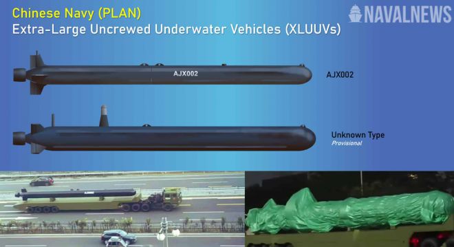 지난 16일(현지시간) 밤부터 17일 새벽까지 중국 베이징 일대에서 진행된 전승절 열병식 예행연습에 등장한 무인잠수정들. 네이벌 뉴스 제공