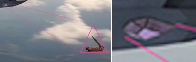 크라토스가 공개한 ‘클론 레인저’ 개념 이미지의 확대 장면. 드론 전방 센서가 러시아제 스커드 탄도미사일 이동식 발사대를 추적하는 모습과 함께, 기수 아래쪽에 탑재된 다면체 센서 포드(전자광학 장비)가 확인된다. 크라토스 제공