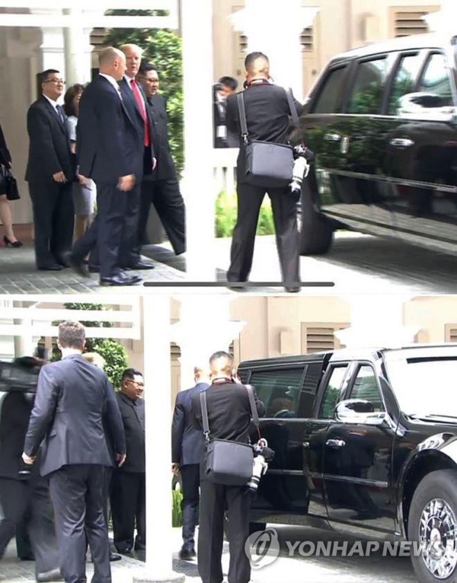 2018년 6월 12일 오후 첫 북미정상회담이 열린 싱가포르 센토사 섬 카펠라호텔에서 미국 도널드 트럼프 대통령이 북한 김정은 국무위원장과 산책을 마친 뒤 트럼프 대통령의 전용차량인 ‘캐딜락 원(비스트)’의 내부를 보여주고 있다. 연합뉴스