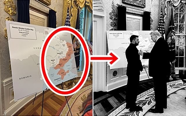 미국 관영 방송 미국의소리(VOA) 백악관 출입기자 출신으로, VOA 해체 후 독일 도이치벨레(DW)로 이적한 미샤 코마도프스키와 댄 스커비노 백악관 부비서실장에 따르면 도널드 트럼프 미국 대통령은 18일(현지시간) 백악관 오벌오피스(집무실)에서 볼로디미르 젤렌스키 우크라이나 대통령과 양자회담 후 유럽 정상들과의 다자회담을 위해 이스트룸으로 자리를 옮기기 전, 17일 기준 러시아군의 우크라이나 영토 통제 현황이 담긴 커다란 지도 앞에서 대화했다. 2025.8.18 엑스