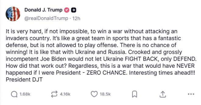 도널드 트럼프 미국 대통령이 21일(현지시간) 소셜미디어 ‘트루스소셜’에 올린 글. 그는 “침략국을 공격하지 않고는 전쟁에서 승리할 수 없다”며 우크라이나의 러시아 반격 필요성을 강조했다. 트루스소셜 캡처