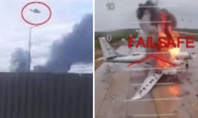 지난 6월 1일 우크라이나군 드론이 러시아 공군기지에 주둔한 전략폭격기 Tu-95MS를 정밀 타격하는 장면. 전례 없는 무인기 공습으로 러시아 전략폭격기 전력의 손실이 불가피하다는 평가가 나온다. 출처=오픈소스 영상