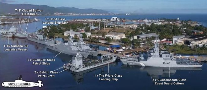 베네수엘라 해군 기지에 정박 중인 각종 전력. 사진에는 구아이케리급 초계함(2척), 구아이나마쿠토급 연안경비정(2척), 후드급 전차상륙함, 프라이어스급 상륙함, 가비온급 초계정, 유조·보급함 등이 보인다. 경제난과 제재로 루포급 호위함 가동률이 떨어진 가운데, 현재는 구아이케리급이 사실상 주력 전력으로 운용되고 있다. 출처=H I 서튼 코버트 쇼어즈