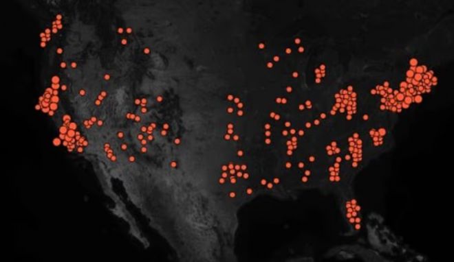 2022년 12월부터 지난 6월 사이 미국 전역에서 미스터리한 금속 구체가 목격된 장소를 표시한 지도. 에니그마 제공