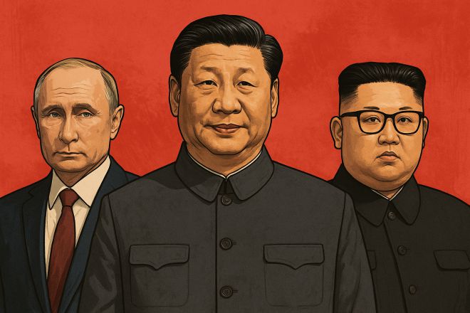 인공지능(AI)으로 제작된 일러스트 이미지. 중국 베이징 톈안먼 열병식 주석단을 형상화했으며, 시진핑 중국 국가주석이 가운데, 블라디미르 푸틴 러시아 대통령과 김정은 북한 국무위원장이 양옆에 선 모습으로 표현됐다.