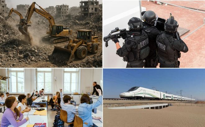 GREAT 트러스트 구상에 담긴 재건·치안·사회 인프라 구상. 잔해 제거와 인프라 복구(왼쪽 위), PMC에 의한 치안 유지(오른쪽 위), 교육 시스템 정상화(왼쪽 아래), 고속철도 건설(오른쪽 아래).