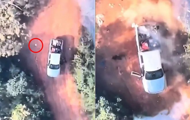 폭발물을 실은 드론이 주행 중인 차량을 향해 날아든 뒤 곧바로 폭발하는 장면. 멕시코 카르텔은 상용 드론을 개조해 라이벌 조직과 경찰을 공격하고 있다. 출처=visegrad24 엑스