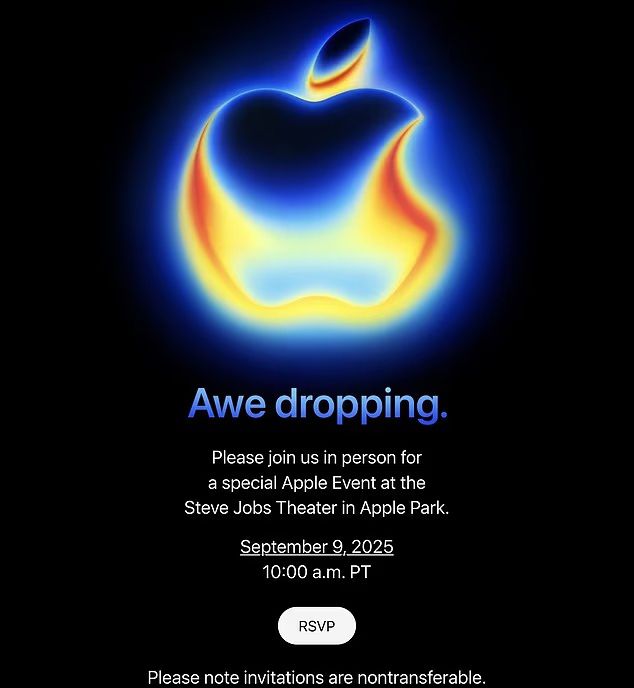 애플이 배포한 ‘오 드로핑(Awe Dropping)’ 초청장. 아이폰17, 프로·프로맥스, 초슬림 모델 ‘아이폰 에어’가 무대에 오를 것으로 전망된다. 출처=애플