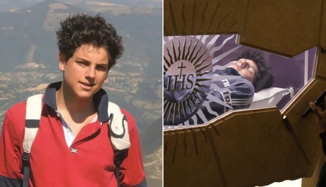 왼쪽은 카를로 아쿠티스 공식 홈페이지에 게시된 생전 모습. 오른쪽은 2006년 15세로 선종한 뒤 이탈리아 아시시 성지에 안치된 그의 시신. 출처=carloacutis.com·AP 연합뉴스